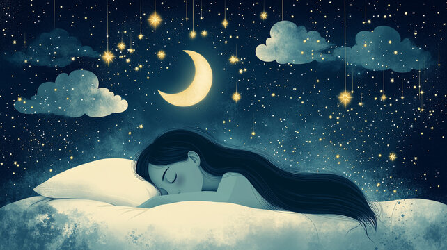 Healthy sleep concept, beautiful woman sleeping happily on bed at night. Generative Ai.	
