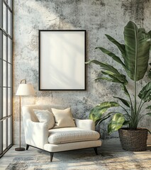 Cozy living room corner with a cream armchair, floor lamp, large potted plant, and a blank framed artwork on a textured wall.
