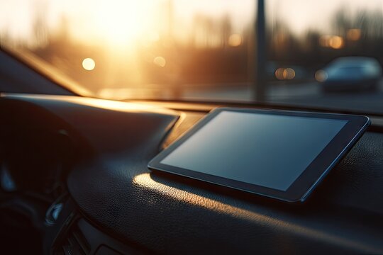 A tablet rests on a car's dashboard, bathed in warm sunset light.  The screen is dark and blank, the setting suggestive of travel or navigation