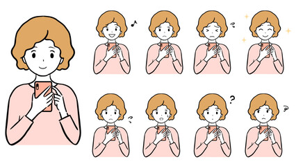 Set of illustrations of facial expressions of young woman using smartphones