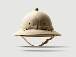 A tan pith helmet with a wide brim, leather chinstrap, and small brass knob atop.  It casts a subtle shadow on a light gray background