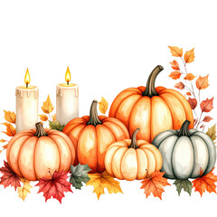 A beautiful autumn display featuring colorful pumpkins, vibrant leaves, and warm candles, perfect for seasonal decor and celebrations. PNG transparent background.