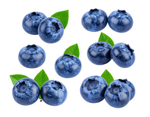 Collection of vibrant blueberries with green leaves, ideal for food-related designs or packaging