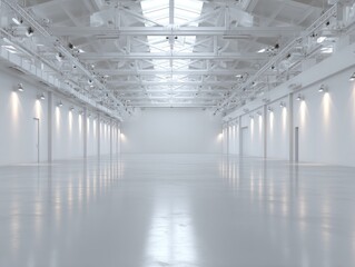 A vast, minimalist white industrial space with high ceilings, exposed metal framework, and polished concrete floors, illuminated by strategically placed lights