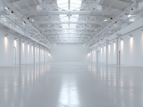 A vast, minimalist white industrial space with high ceilings, exposed metal framework, and polished concrete floors, illuminated by strategically placed lights