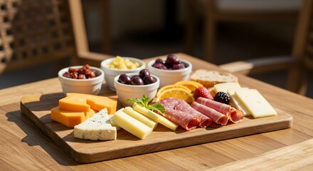 Sun-drenched wooden board overflows with gourmet cheeses, cured meats, olives, and fresh fruit, a delightful appetizer spread.