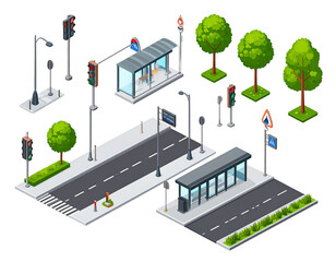 Isometric illustration of city street elements