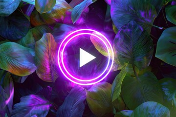 A vibrant neon pink play button glows within a double ring, nestled amongst lush, dark-green and purple tropical foliage