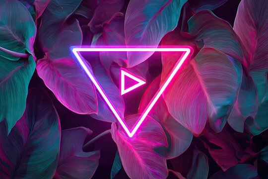 A vibrant neon pink and blue triangular frame encloses a smaller play symbol, superimposed on a backdrop of richly hued, textured tropical leaves