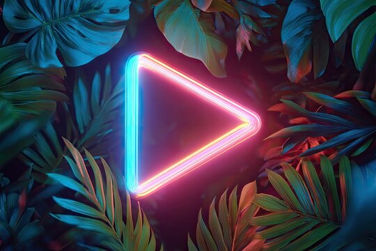 A vibrant pink and blue neon play button icon, set against a backdrop of lush, tropical foliage