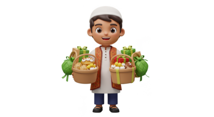 3d Illustration of Cheerful Muslim Boy Holding Baskets for Eid al Fitr