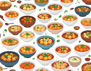 A vibrant array of bowls filled with various types of hearty, savory stews, each showcasing unique ingredients and textures