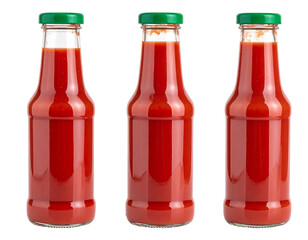 Three glass bottles filled with red sauce, similar in size and shape, isolated on a black background