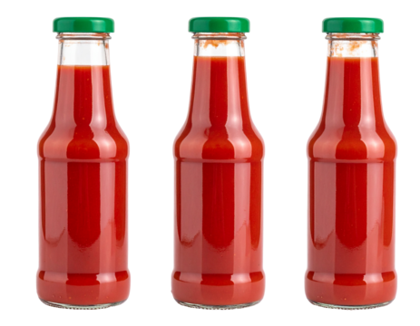 Three glass bottles filled with red sauce, similar in size and shape, isolated on a black background