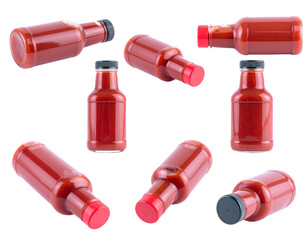 Assorted bottles of red sauce, various angles