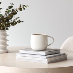 A white ceramic mug rests on a stack of gray magazines atop a light wood table, beside a vase of eucalyptus