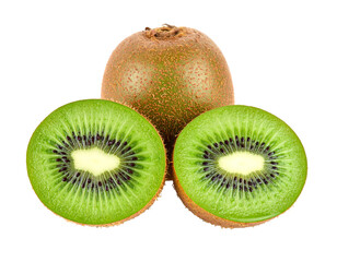 A whole kiwi fruit and two halved kiwis, showcasing their vibrant green flesh and tiny black seeds