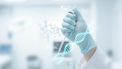 Hand in glove holds pipette with dna strand in a laboratory setting, perfect for biotech presentations, molecular research branding, or futuristic science product visuals.