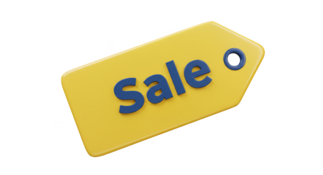 3d Rendered Yellow Sale Tag with Blue Text on Transparent Background