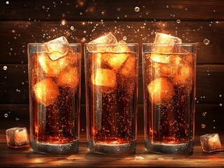Three glasses of fizzy drink with ice cubes. Sparkling refreshment