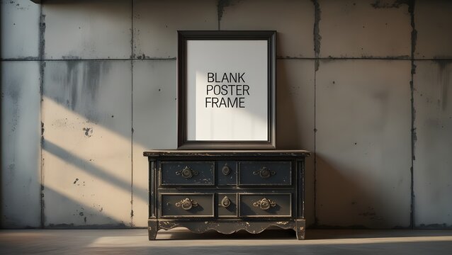 Stylish workspace mockup with a blank poster frame on a dark vintage drawer unit, set against a concrete wall. Perfect for branding, design portfolios, or editorial use