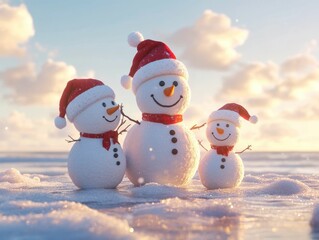 Three snowmen in Santa hats on a beach at sunset