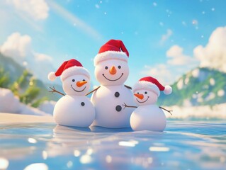 Three snowmen in Santa hats on a beach