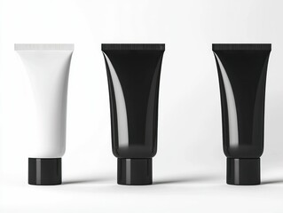 Three tubes of cosmetic product in white and black