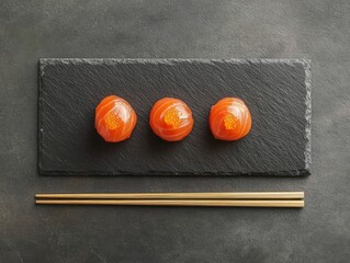 Three salmon sushi balls on a slate plate