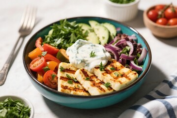 Epic Grilled Halloumi Greek Bowl with Creamy Tzatziki & Herby Veggies
