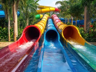 Thrilling water slides, vibrant colors, tropical setting