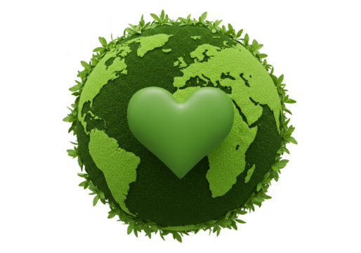 3d Rendered Globe with Green Heart and Grass Texture Illustration