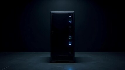 Single server cabinet in dark data room with blue lights
 - Powered by Adobe