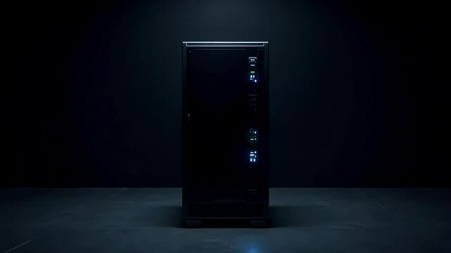 Single server cabinet in dark data room with blue lights
 - Powered by Adobe