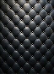 Dark, diamond-tufted leather upholstery with metallic button accents, showing texture and subtle lighting