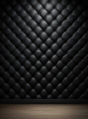Dark, diamond-tufted leather wall with a wood floor, subtly lit from above, creating a luxurious, moody atmosphere
