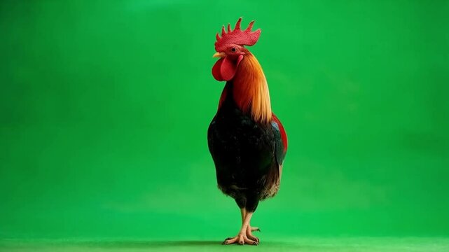 A rooster with vibrant plumage walking across a green screen studio background image capture shot green screen video