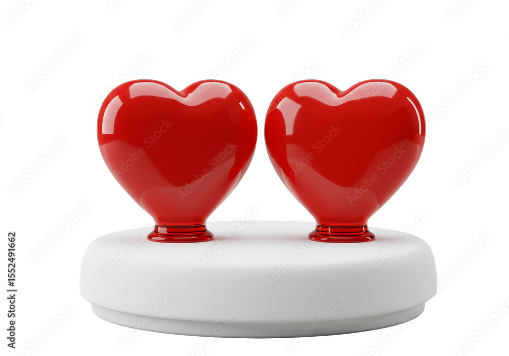 Poster 3d rendering two red hearts on a white round base isolated