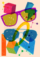 Risograph Glasses with geometric shapes. Objects in trendy riso graph print texture style design with geometry elements.