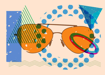 Risograph Glasses with geometric shapes. Objects in trendy riso graph print texture style design with geometry elements.