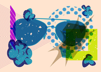 Risograph Glasses with geometric shapes. Objects in trendy riso graph print texture style design with geometry elements.