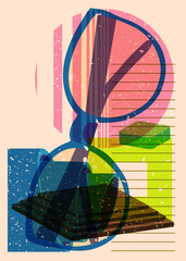 Risograph Glasses with geometric shapes. Objects in trendy riso graph print texture style design with geometry elements.
