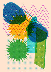 Risograph Glasses with geometric shapes. Objects in trendy riso graph print texture style design with geometry elements.