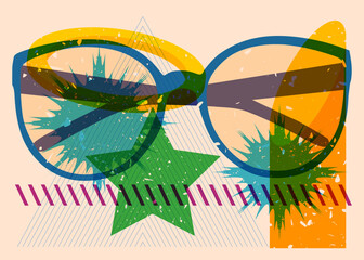 Risograph Glasses with geometric shapes. Objects in trendy riso graph print texture style design with geometry elements.