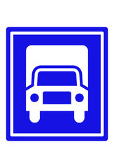 Blue sign with white truck symbol in a tunnel-like opening.
White truck icon inside a blue square, suggesting restricted access.
Road sign showing a truck entering or within an enclosed structure
