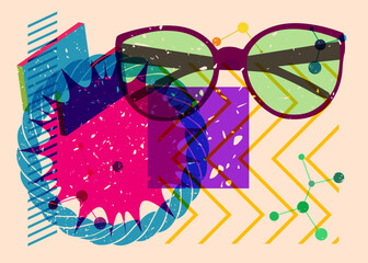 Risograph Glasses with geometric shapes. Objects in trendy riso graph print texture style design with geometry elements.