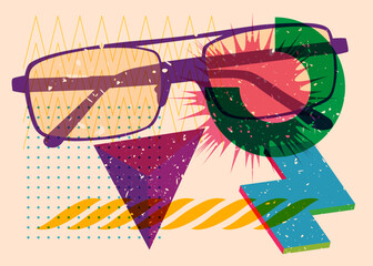 Risograph Glasses with geometric shapes. Objects in trendy riso graph print texture style design with geometry elements.