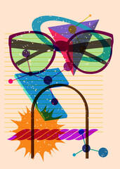 Risograph Glasses with geometric shapes. Objects in trendy riso graph print texture style design with geometry elements.
