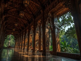 Dark-Wood Dayak Temple with Intricate Roof and Forest Mist at Sunrise