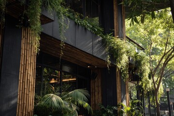 Dark-grey building facade with bamboo accents, abundant greenery cascading down, sunlit leafy trees in the background